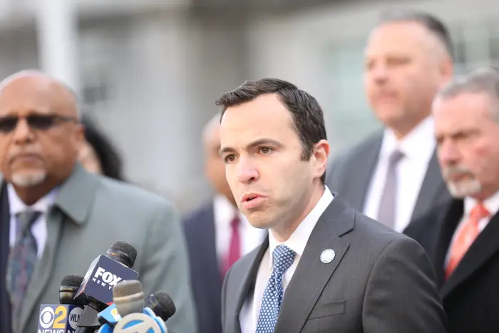 New Jersey Attorney General Matthew Platkin speaks earlier this month at a press conference after a man was charged with firebombing a New Jersey synagogue. Platkin is rolling out an expansion of his office's ARRIVE Together program, pairing police officers with mental health professionals.